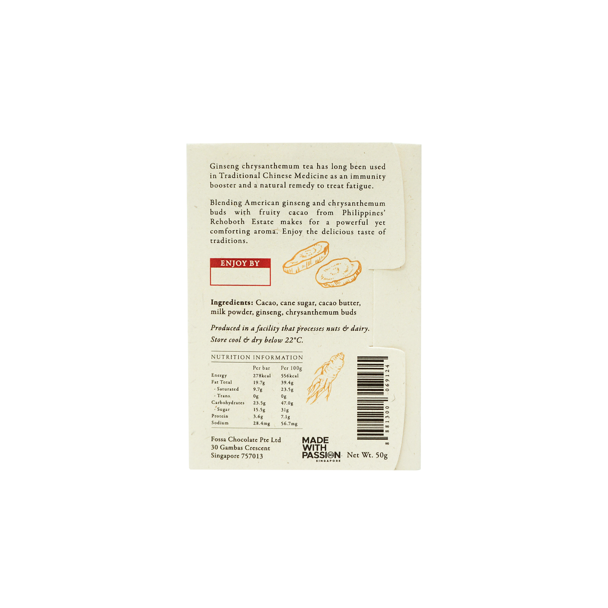 Ginseng Chrysanthemum Dark Milk Chocolate, 50g.