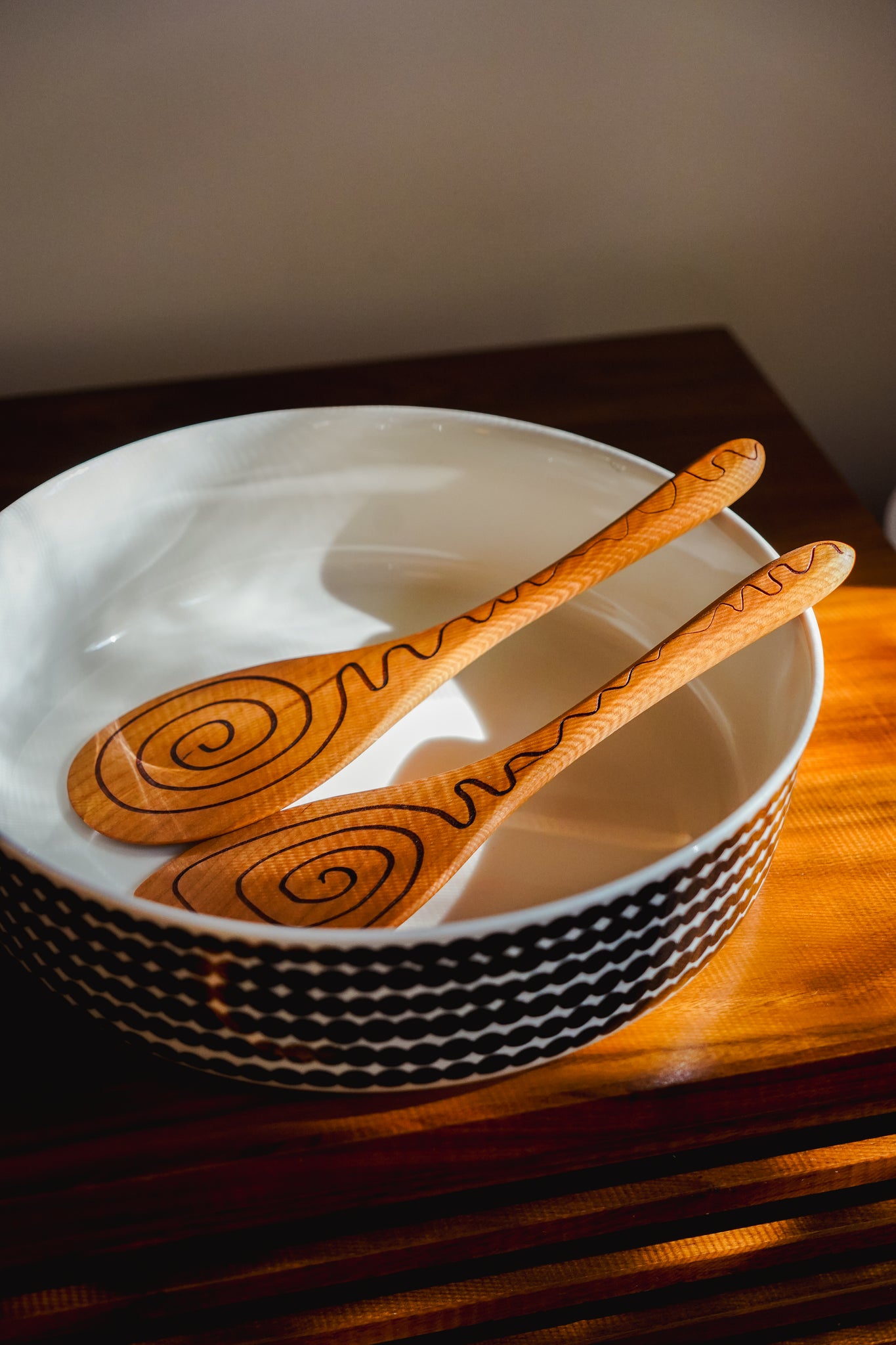 Cherry Wood Spiral Salad Serving Set