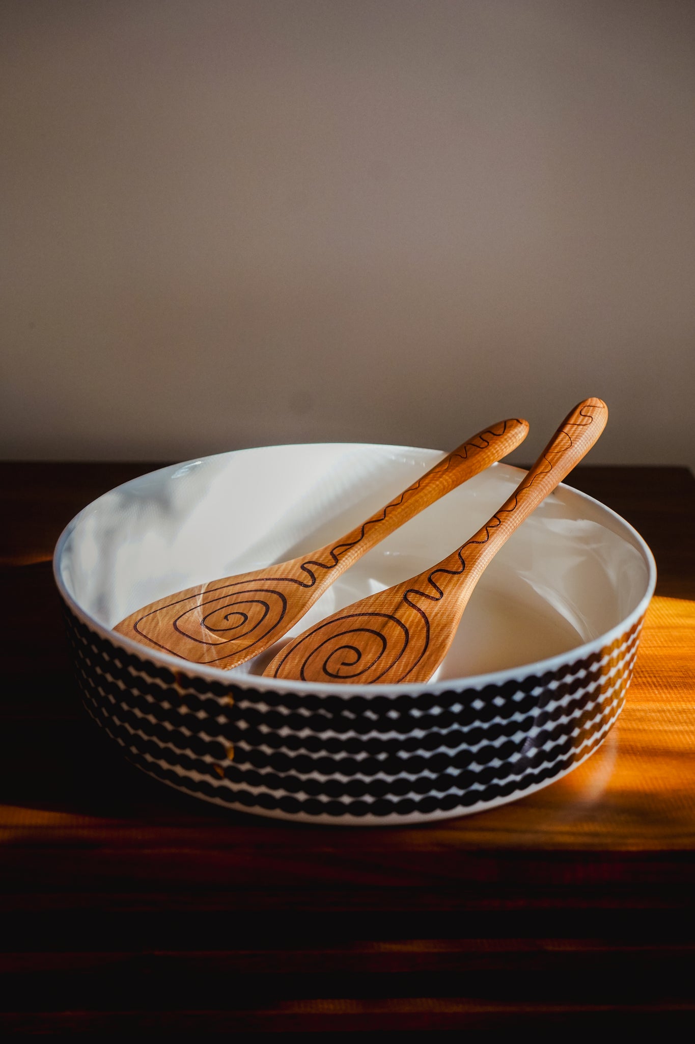 Cherry Wood Spiral Salad Serving Set