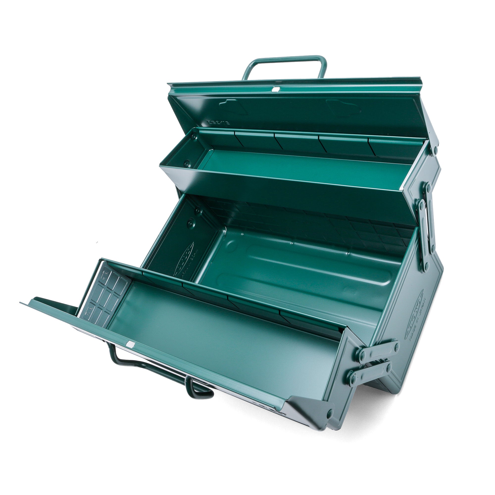 Antique Green Toyo Steel Toolbox | Cantilever Lid | Upper Storage Trays, Style ST-350